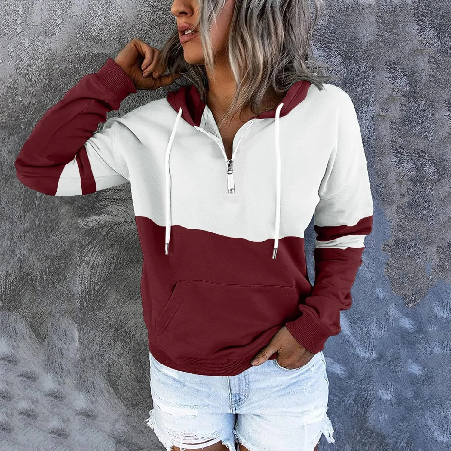 NaRHbrg Lightweight Hoodies for Women Color Block Hooded Sweatshirt Zip-Up Jersey Jacket Long Sleeve Top with Pockets