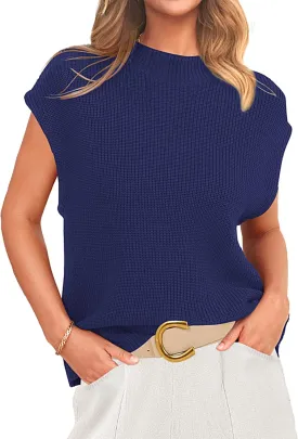 PRETTYGARDEN Womens Mock Neck Sleeveless Sweater Vest 2025 Summer Casual Fall Short Cap Sleeve Knit Ribbed Pullover Tank Tops