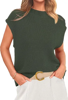 PRETTYGARDEN Womens Mock Neck Sleeveless Sweater Vest 2025 Summer Casual Fall Short Cap Sleeve Knit Ribbed Pullover Tank Tops