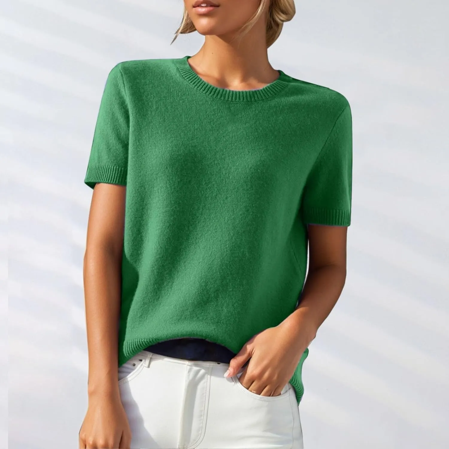 Short Sleeve Sweater Tops for Women Cute Lightweight Crew Neck T Shirts Plain Relaxed Fit Business Casual Tops