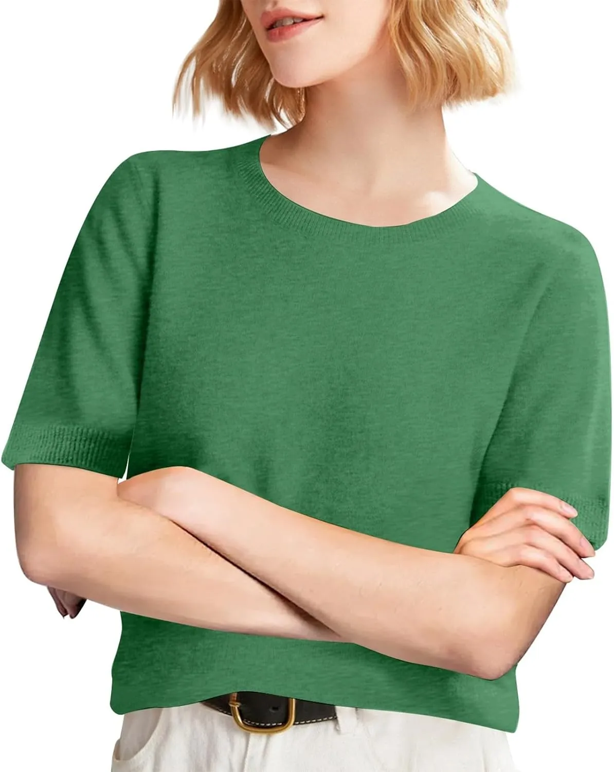 Short Sleeve Sweater Tops for Women Cute Lightweight Crew Neck T Shirts Plain Relaxed Fit Business Casual Tops