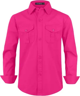 Spring&Gege Boys' Long Sleeve Button Down Shirt for Kids Woven Solid Two Pockets