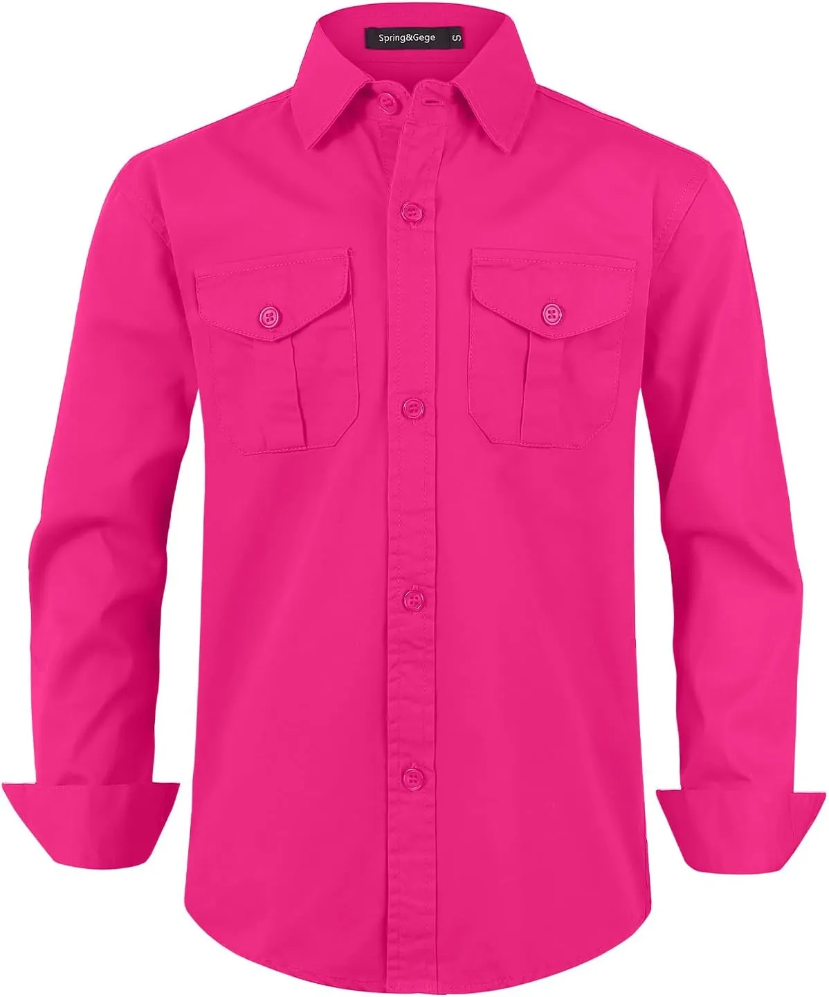 Spring&Gege Boys' Long Sleeve Button Down Shirt for Kids Woven Solid Two Pockets