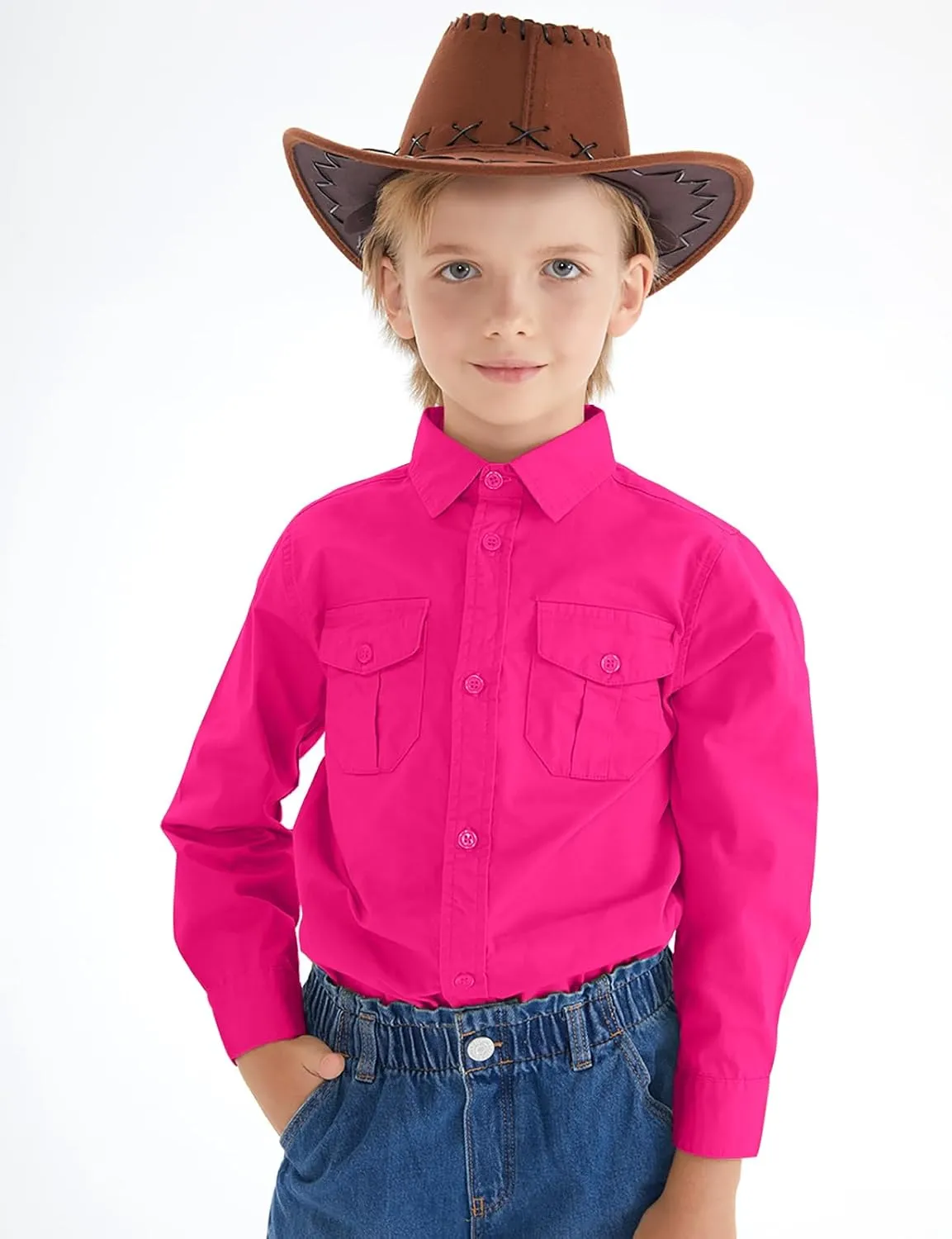 Spring&Gege Boys' Long Sleeve Button Down Shirt for Kids Woven Solid Two Pockets