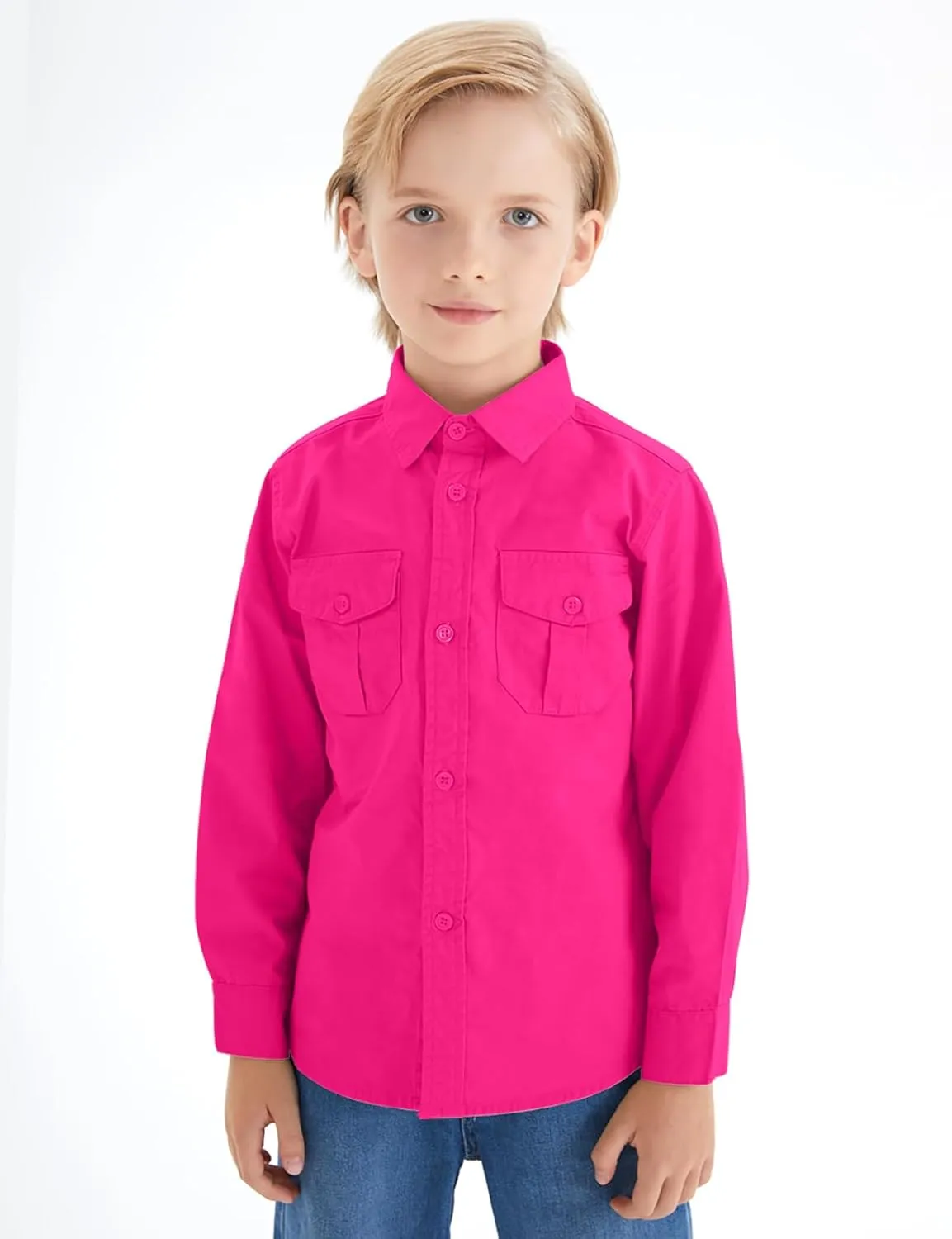 Spring&Gege Boys' Long Sleeve Button Down Shirt for Kids Woven Solid Two Pockets