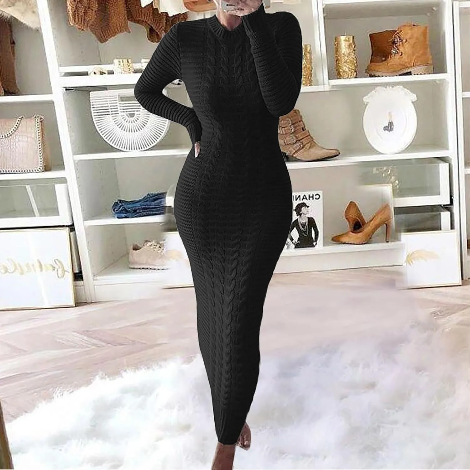 Sweater Maxi Dress Women Crewneck Long Sleeve Chunky Cable Knit Pullover Sweater Bodycon Long Dress Jumper Dress