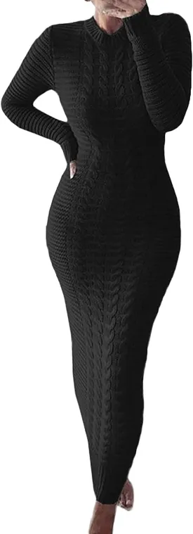 Sweater Maxi Dress Women Crewneck Long Sleeve Chunky Cable Knit Pullover Sweater Bodycon Long Dress Jumper Dress