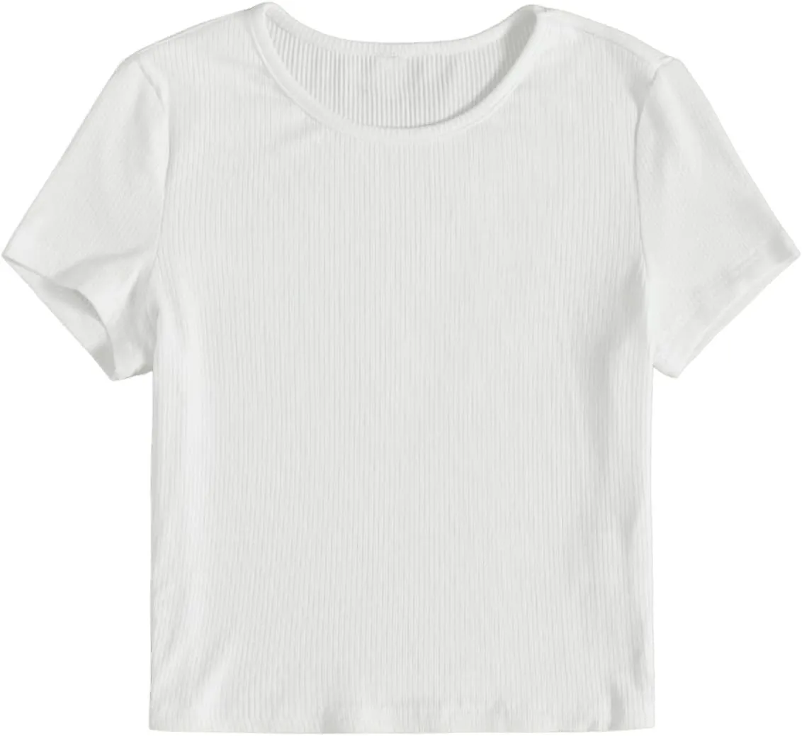 SweatyRocks Women's Solid Crew Neck Ribbed Knit Short Sleeve Crop Top T Shirts