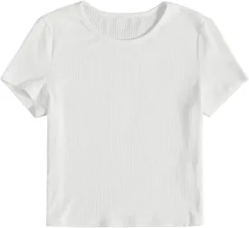 SweatyRocks Women's Solid Crew Neck Ribbed Knit Short Sleeve Crop Top T Shirts