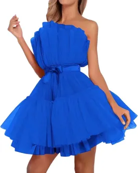 Tulle Dress Women Short Puffy Prom Dress Strapless Mesh Birthday Fairy Dresses Ruffle Dress for Women Color