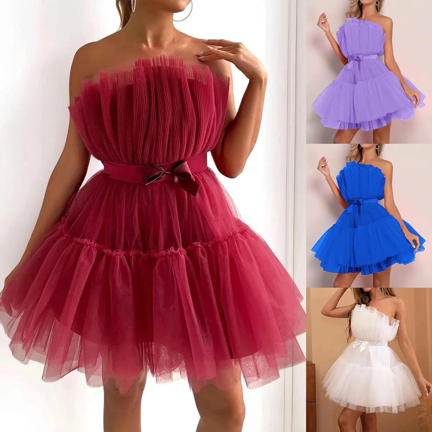 Tulle Dress Women Short Puffy Prom Dress Strapless Mesh Birthday Fairy Dresses Ruffle Dress for Women Color