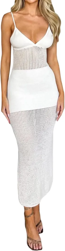 Women Ribbed Knit Long Dress Sleeveless Flower Bodycon Maxi Party Cocktail Dress Summer Beach Cover Up Club Dress