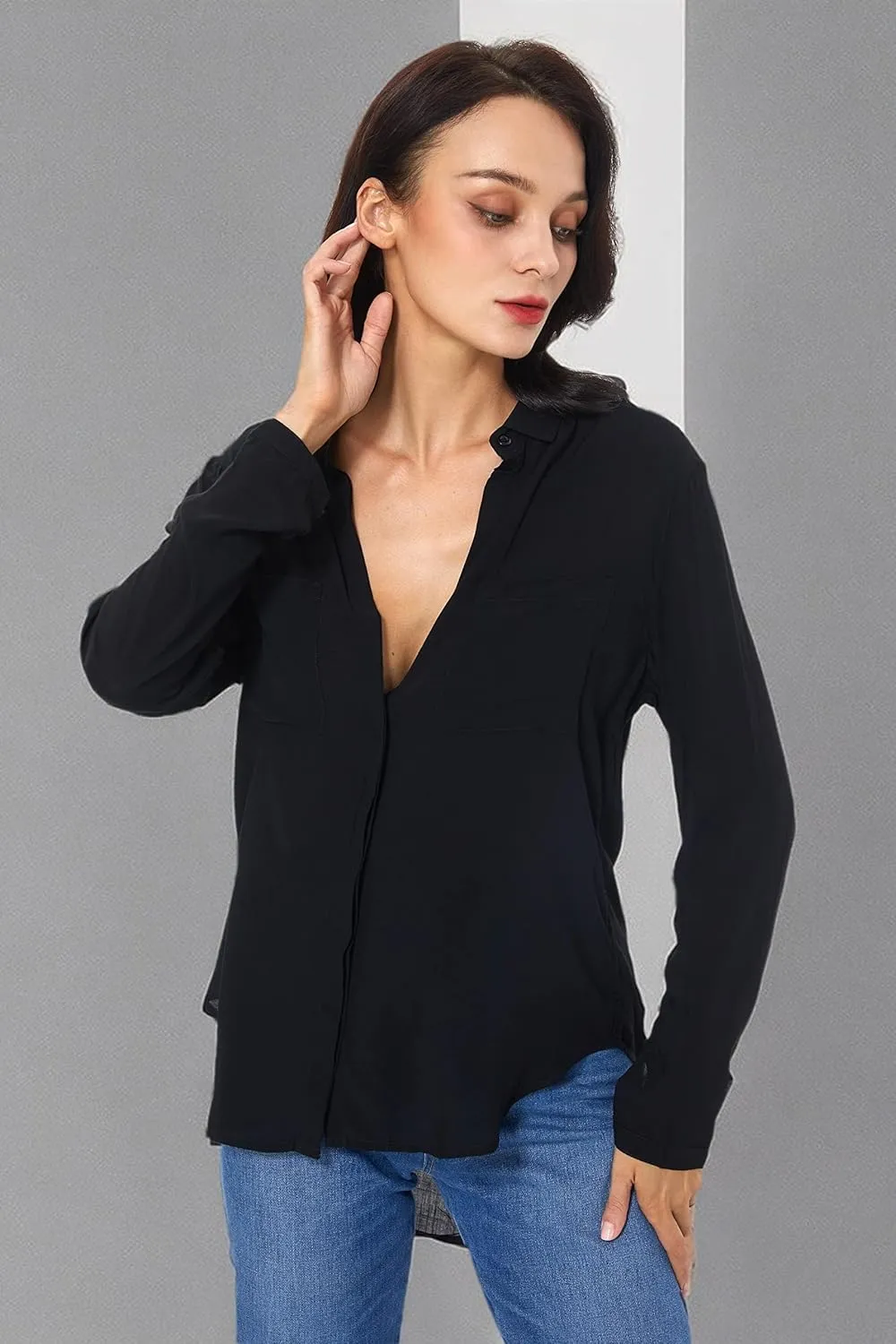 Womens Button Down Shirt Long Sleeve Button Up Shirt Ladies Work Blouses Loose Fit Tops
