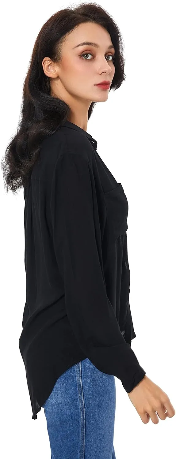 Womens Button Down Shirt Long Sleeve Button Up Shirt Ladies Work Blouses Loose Fit Tops