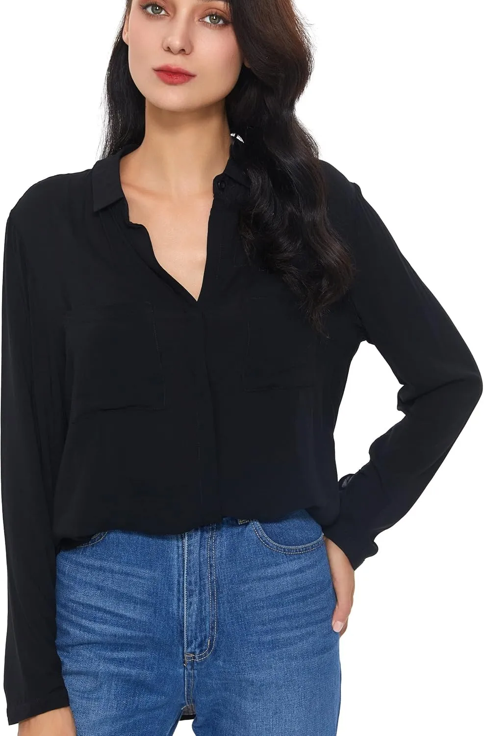 Womens Button Down Shirt Long Sleeve Button Up Shirt Ladies Work Blouses Loose Fit Tops