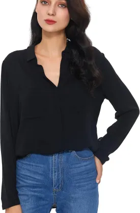 Womens Button Down Shirt Long Sleeve Button Up Shirt Ladies Work Blouses Loose Fit Tops