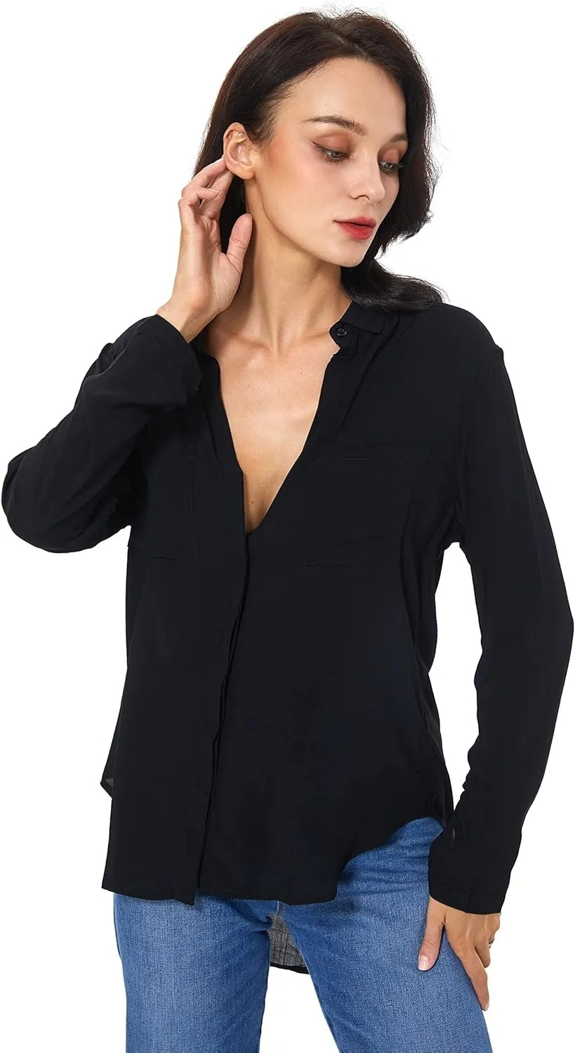 Womens Button Down Shirt Long Sleeve Button Up Shirt Ladies Work Blouses Loose Fit Tops