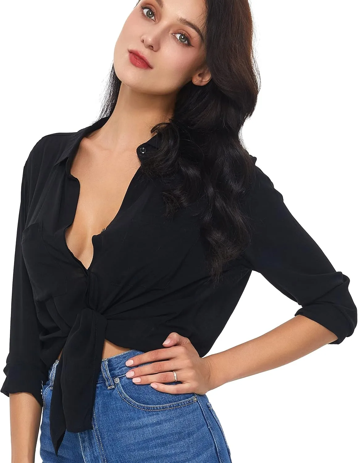 Womens Button Down Shirt Long Sleeve Button Up Shirt Ladies Work Blouses Loose Fit Tops