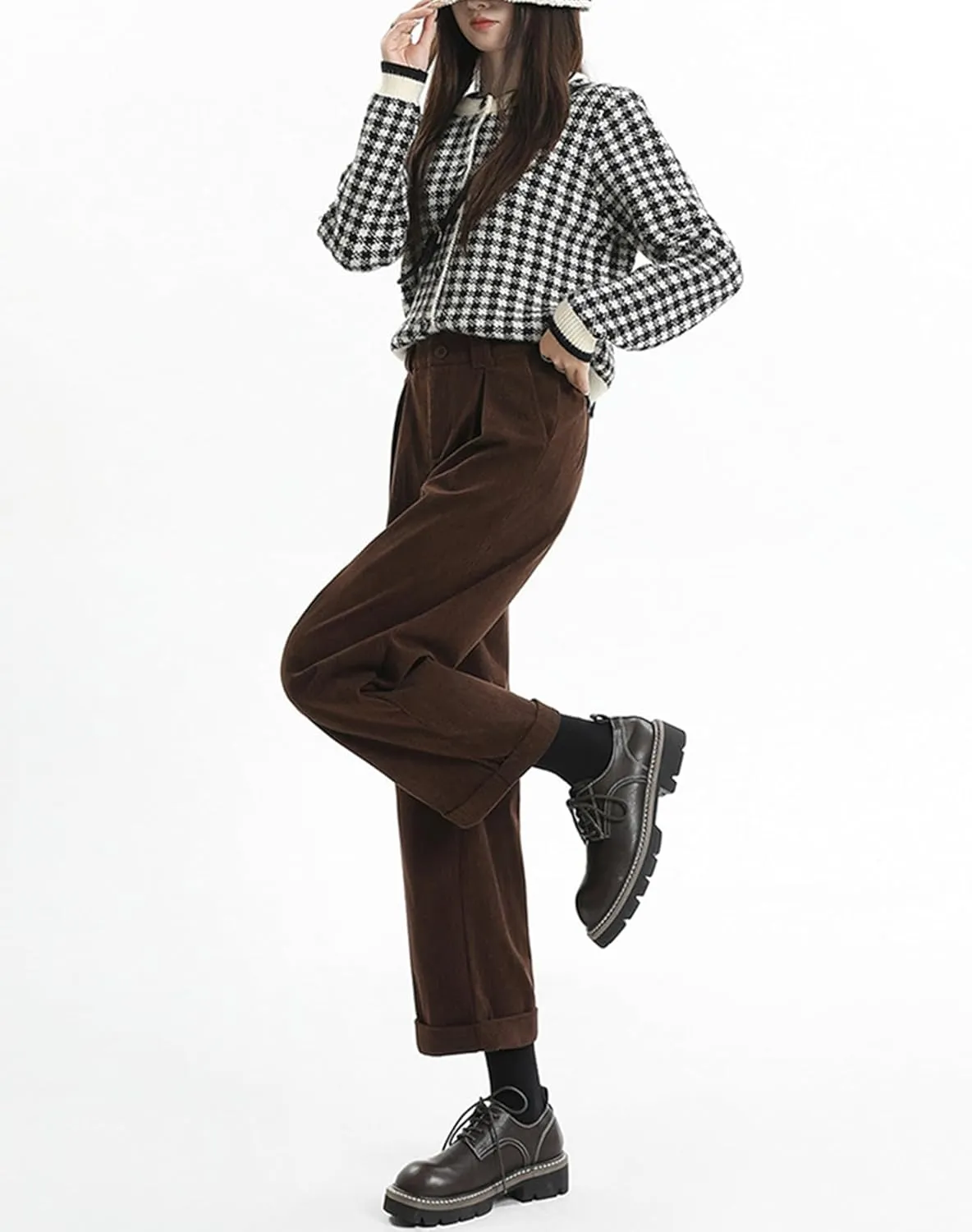 Women's Casual Elastic Waist Wide Leg Corduroy Pants with Pockets