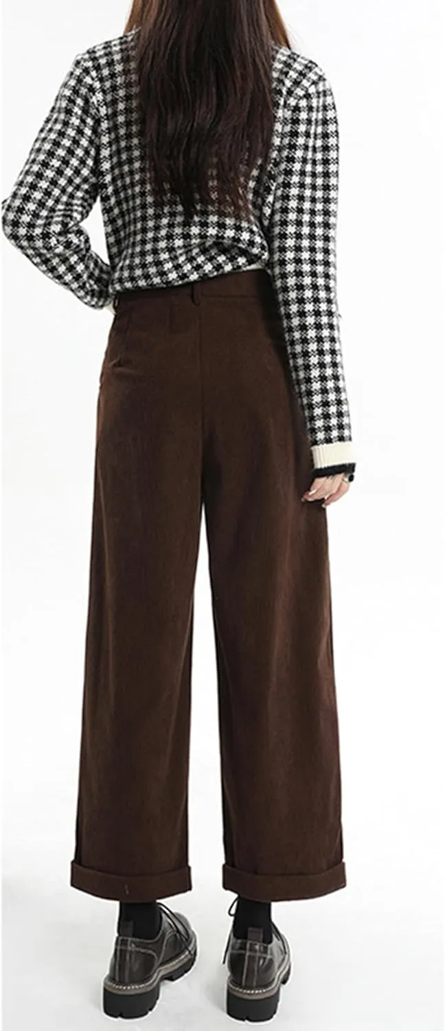Women's Casual Elastic Waist Wide Leg Corduroy Pants with Pockets