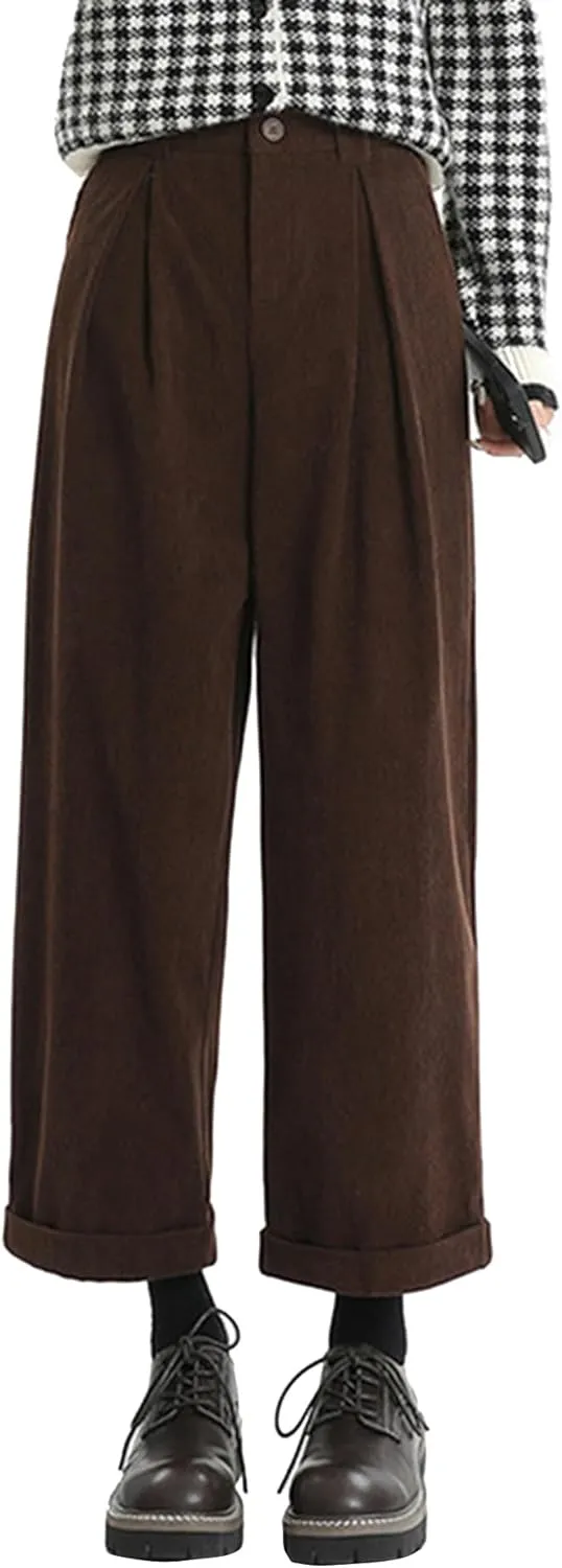 Women's Casual Elastic Waist Wide Leg Corduroy Pants with Pockets