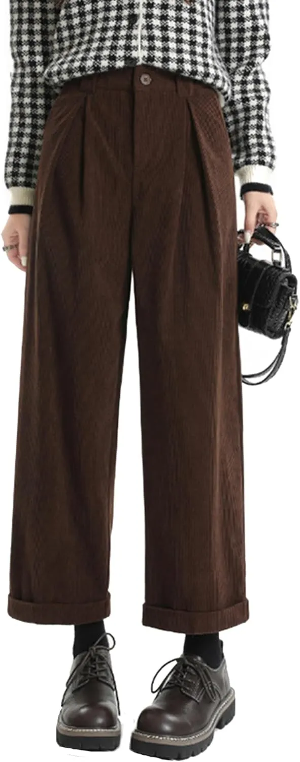 Women's Casual Elastic Waist Wide Leg Corduroy Pants with Pockets