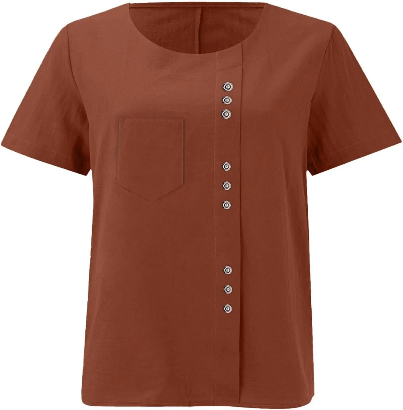 Womens Cotton Linen Shirts 2025 Summer Short Sleeve Crewneck Blouse Side Button Loose Fit Comfy Top with Pocket