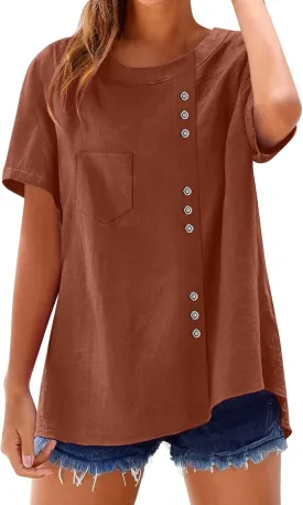 Womens Cotton Linen Shirts 2025 Summer Short Sleeve Crewneck Blouse Side Button Loose Fit Comfy Top with Pocket