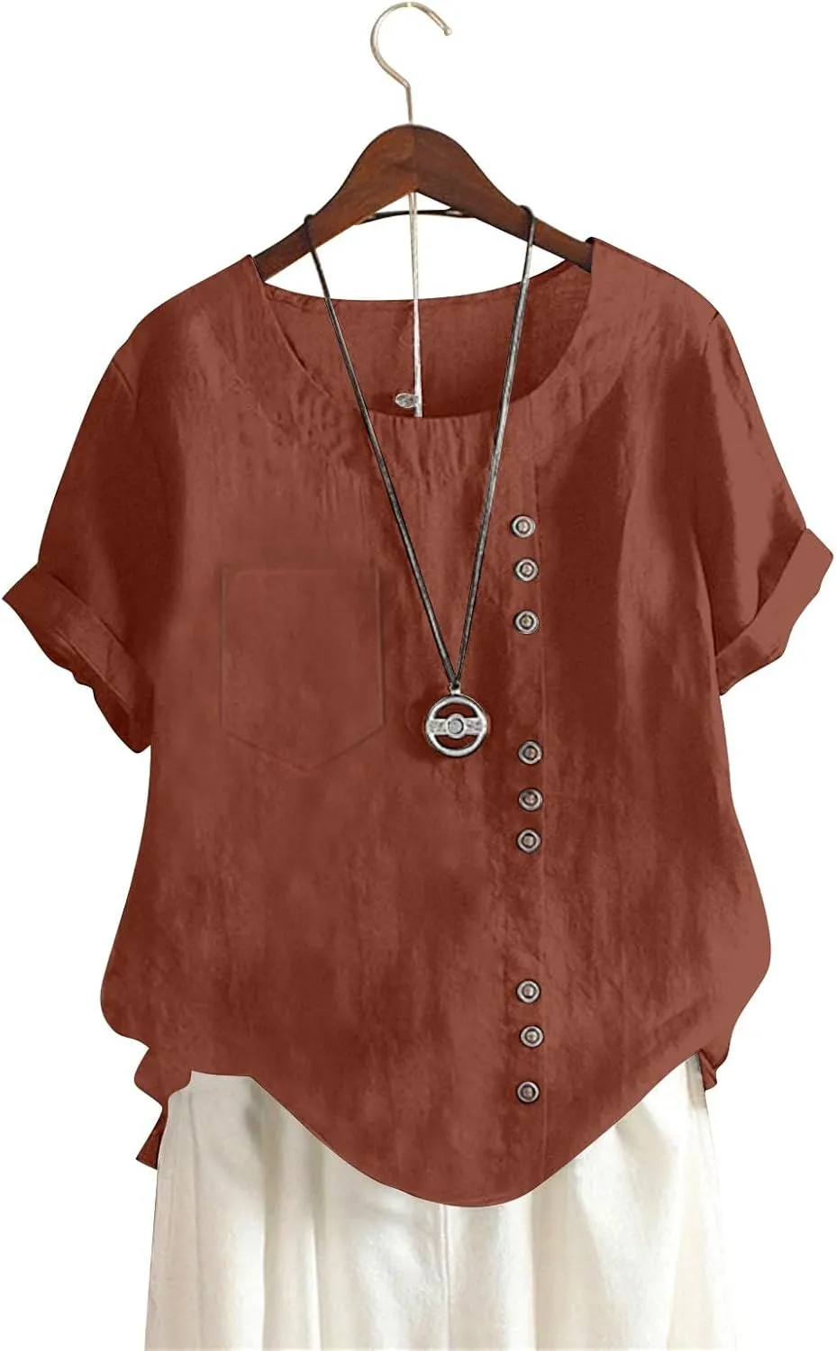 Womens Cotton Linen Shirts 2025 Summer Short Sleeve Crewneck Blouse Side Button Loose Fit Comfy Top with Pocket