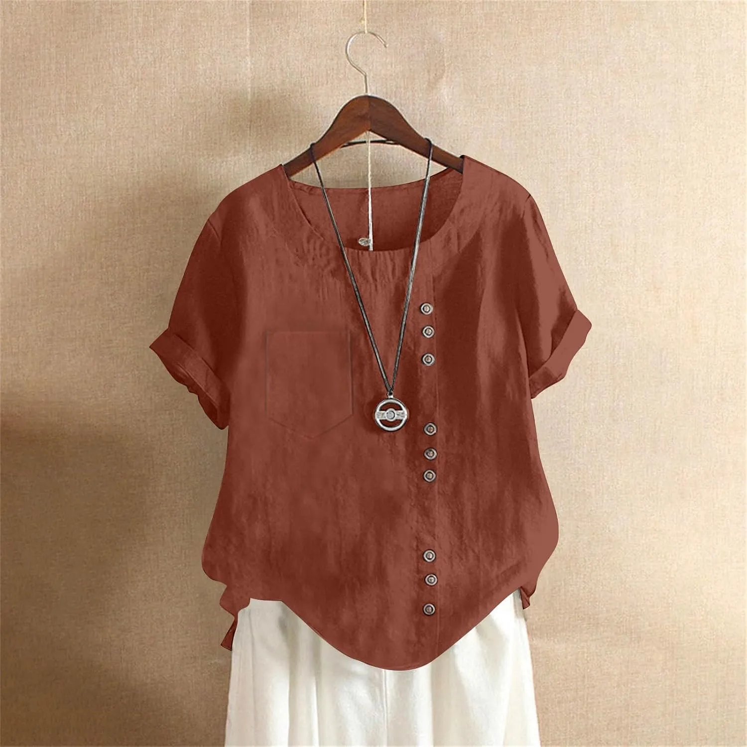 Womens Cotton Linen Shirts 2025 Summer Short Sleeve Crewneck Blouse Side Button Loose Fit Comfy Top with Pocket