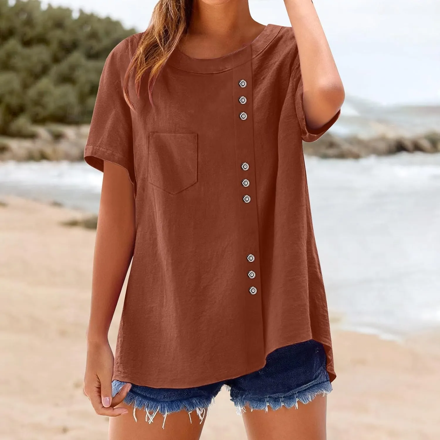 Womens Cotton Linen Shirts 2025 Summer Short Sleeve Crewneck Blouse Side Button Loose Fit Comfy Top with Pocket