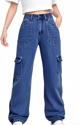 Womens Denim Cargo Pants Flap Pocket High Waisted Stretchy Straight Wide Leg Jeans
