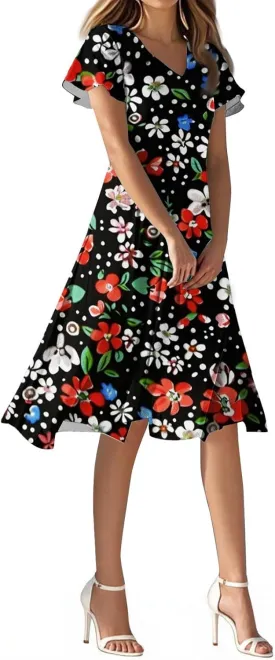 Womens Dresses for Wedding GuestSpring Long,Chiffon Midi Dress Below The Knee Length Ruffle Hem Dressess