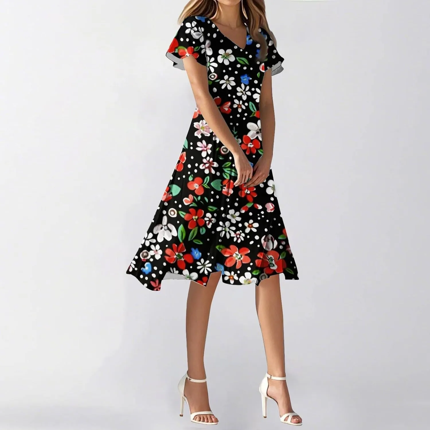Womens Dresses for Wedding GuestSpring Long,Chiffon Midi Dress Below The Knee Length Ruffle Hem Dressess