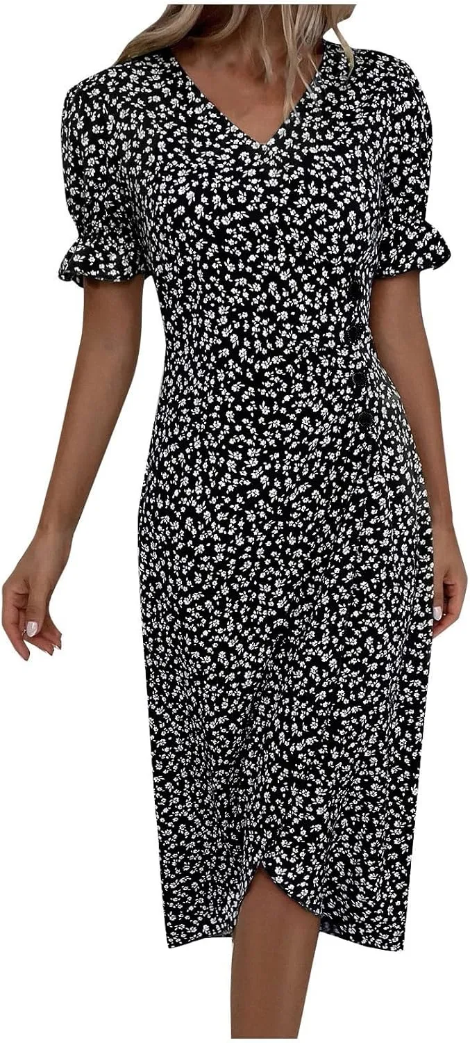 Women's Elegant Floral Print Midi Beach Dress with Short Sleeves and Button Detail Perfect for Summer Outings