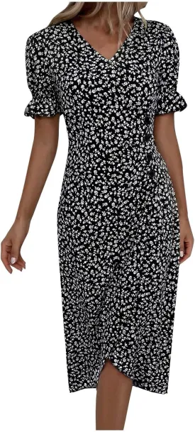 Women's Elegant Floral Print Midi Beach Dress with Short Sleeves and Button Detail Perfect for Summer Outings