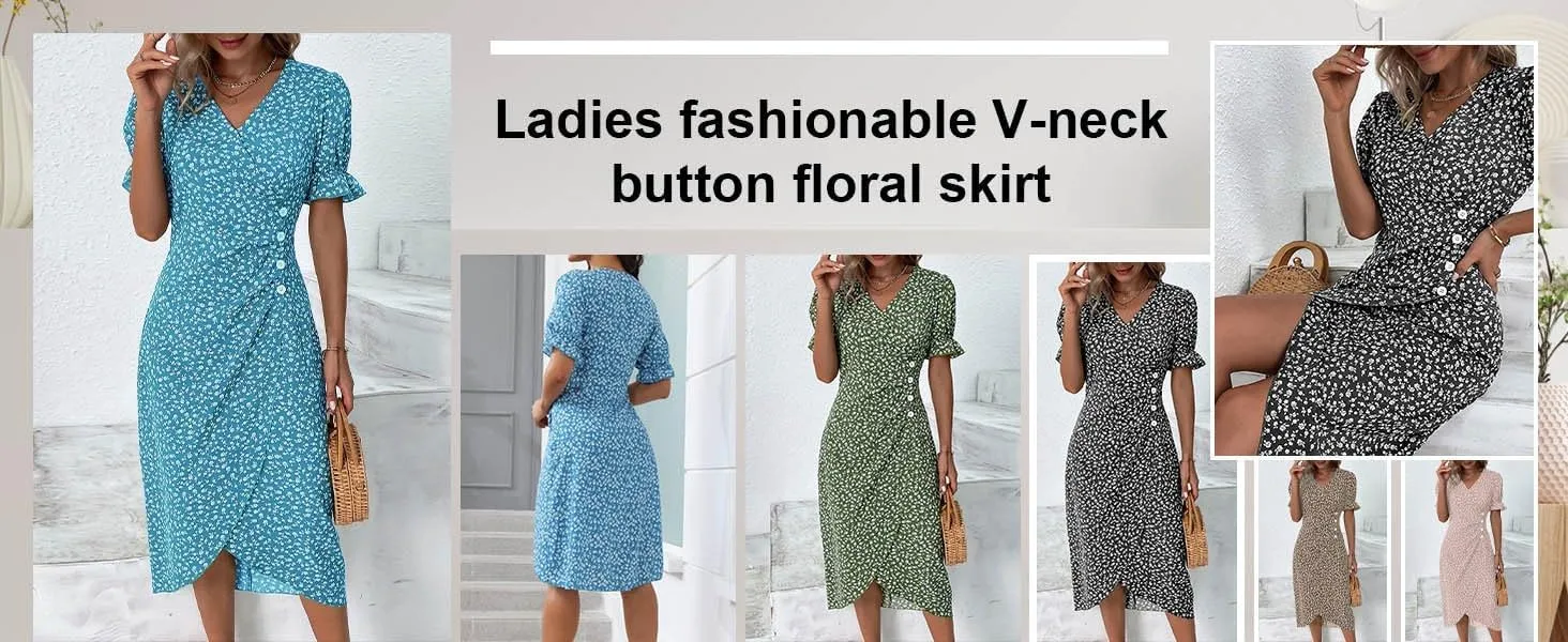 Women's Elegant Floral Print Midi Beach Dress with Short Sleeves and Button Detail Perfect for Summer Outings