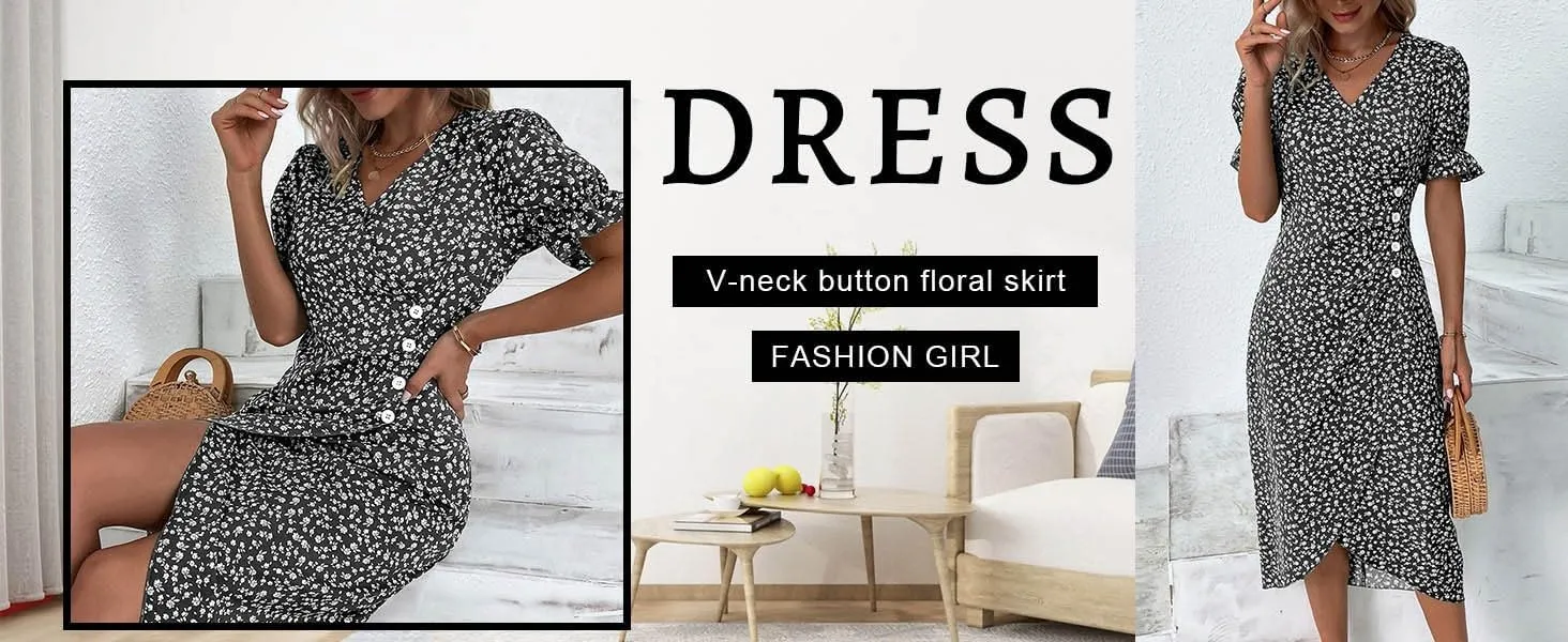 Women's Elegant Floral Print Midi Beach Dress with Short Sleeves and Button Detail Perfect for Summer Outings