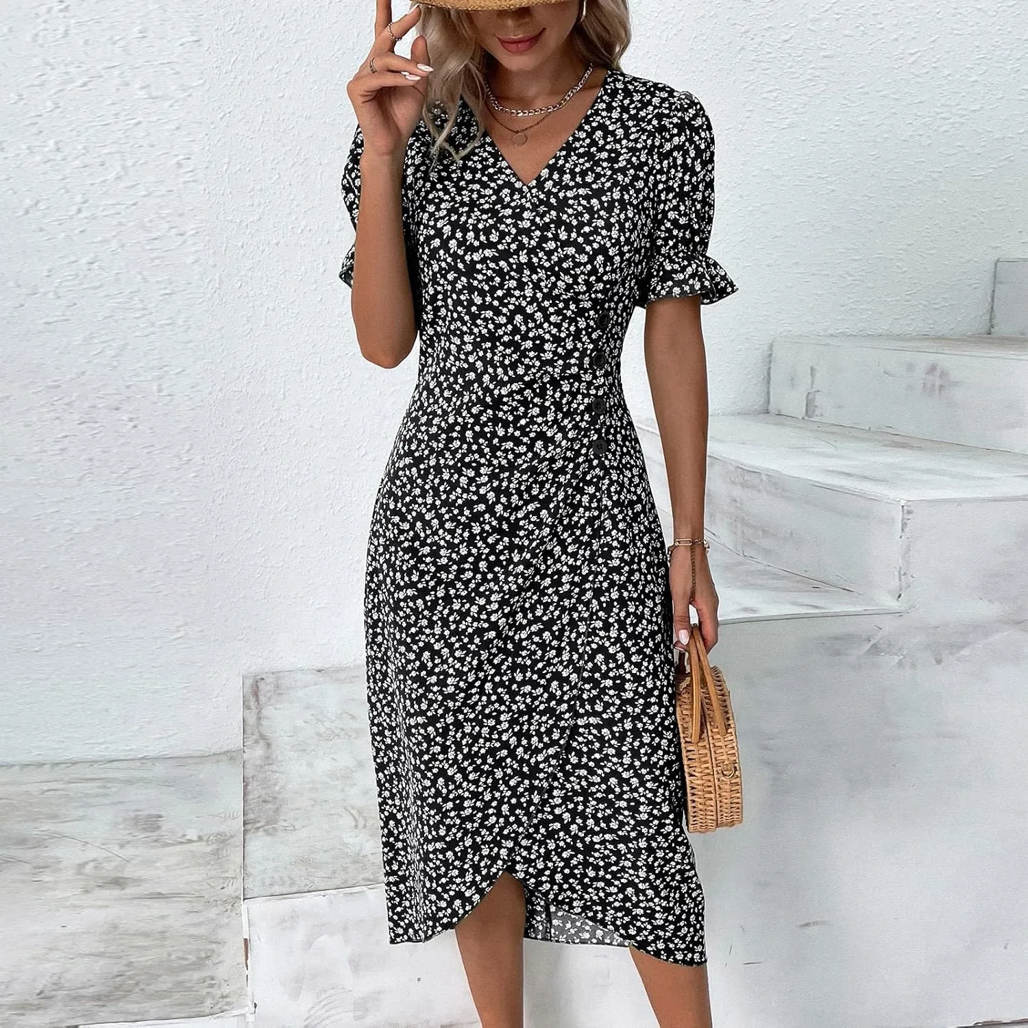 Women's Elegant Floral Print Midi Beach Dress with Short Sleeves and Button Detail Perfect for Summer Outings