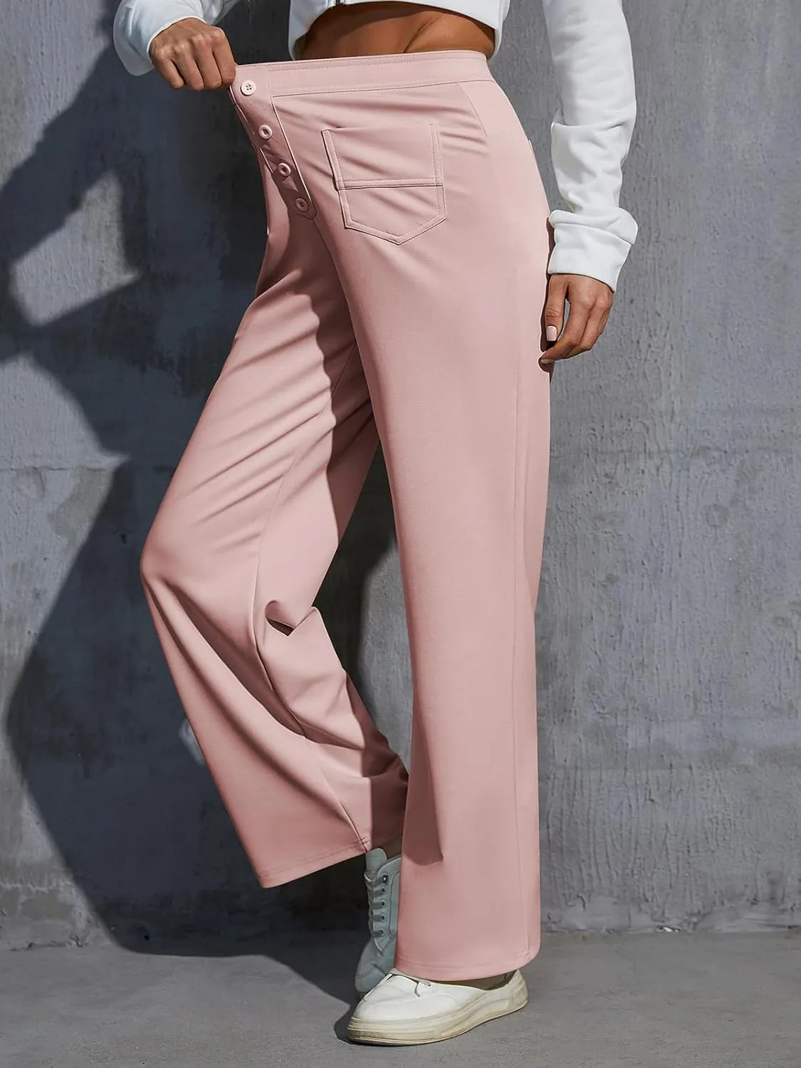Womens High Waist Wide Leg Pants Casual Pants for Women Stretchy Business Dress Work Pocket Trousers Pant