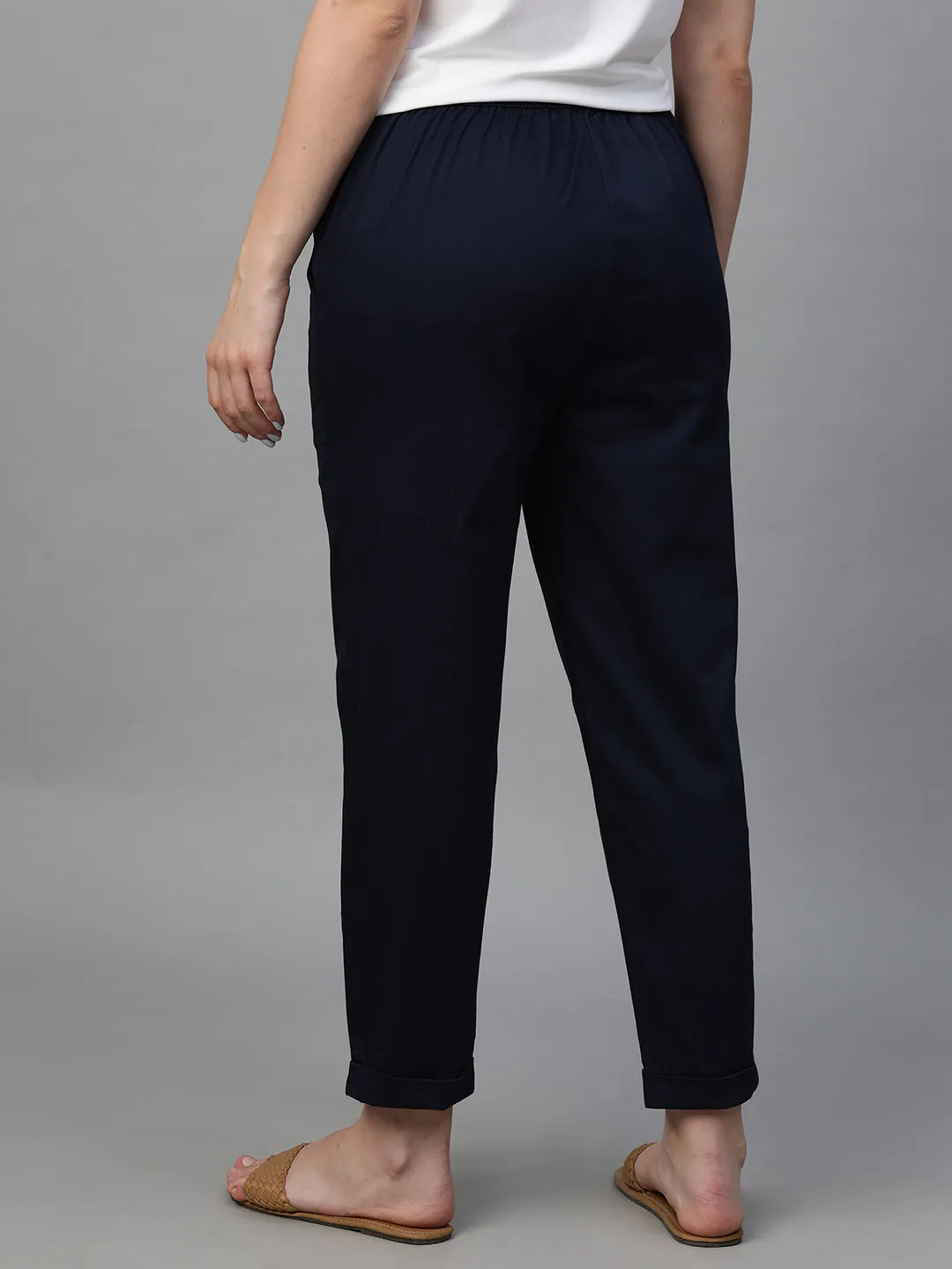 Women's Navy Cotton Elastane Regular Fit Pant