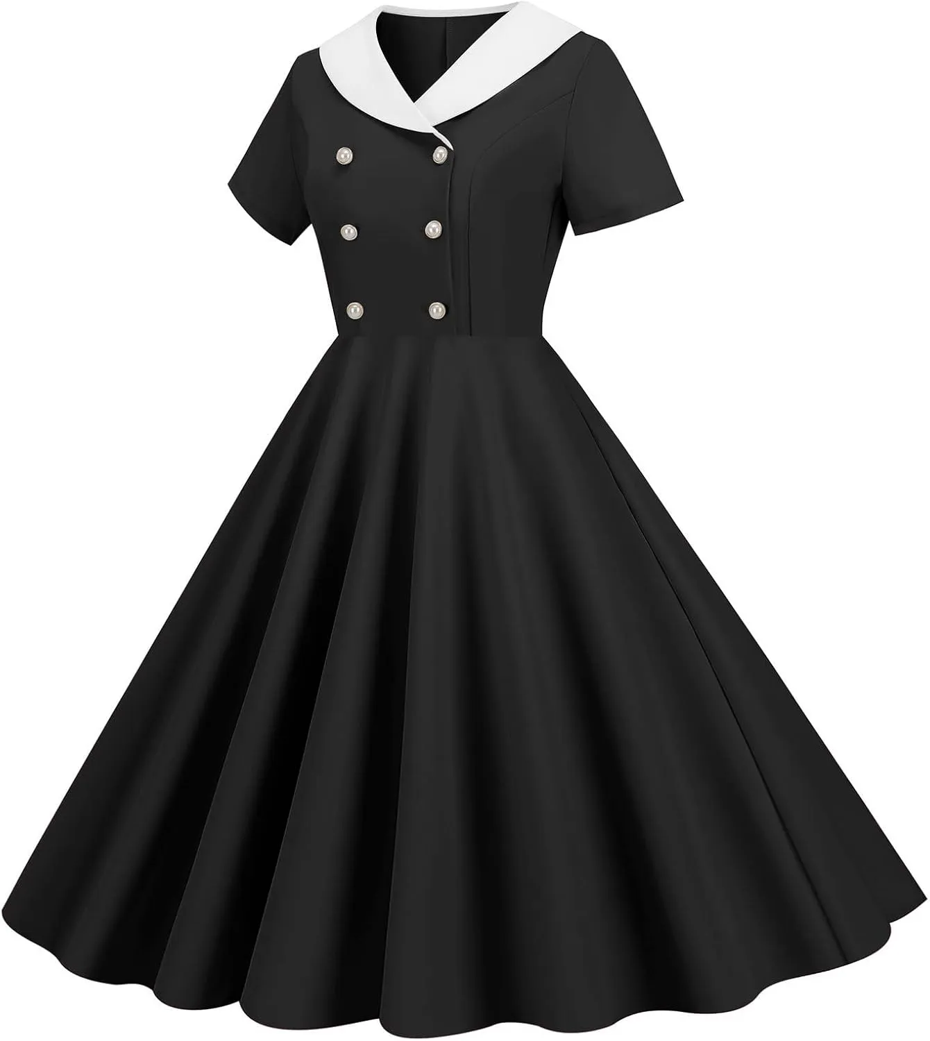 Women's Retro Dresses 60s Sailor Collar Short Sleeve Pinup Cocktail Dress Double Breasted Pleated A Line Swing Dress