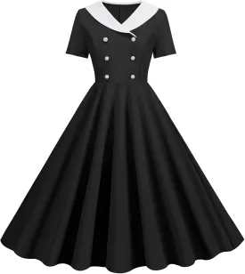 Women's Retro Dresses 60s Sailor Collar Short Sleeve Pinup Cocktail Dress Double Breasted Pleated A Line Swing Dress
