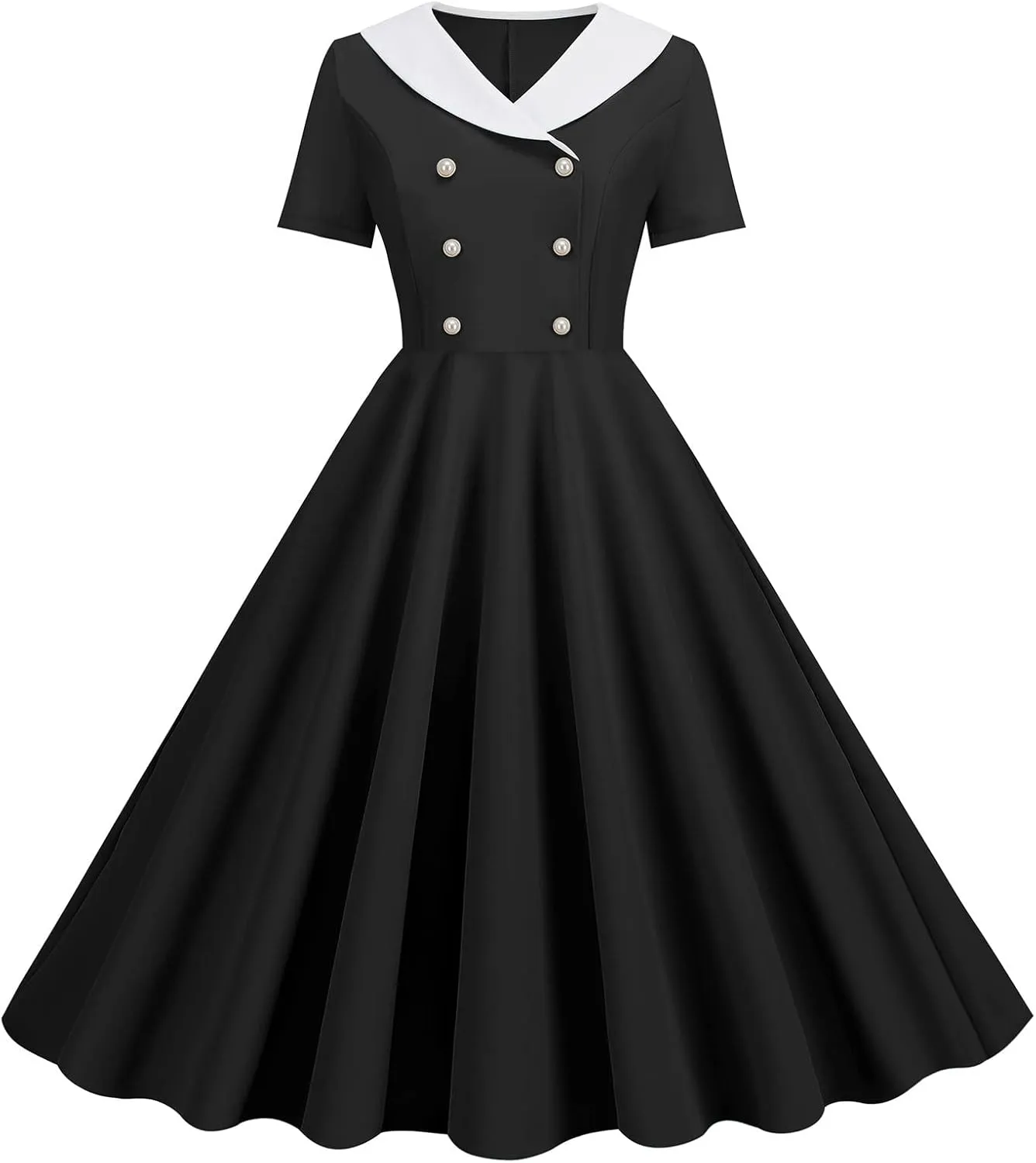 Women's Retro Dresses 60s Sailor Collar Short Sleeve Pinup Cocktail Dress Double Breasted Pleated A Line Swing Dress