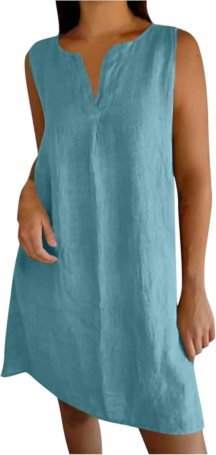 Women's Sleeveless Linen Shift Dress 2025 Summer Plain Casual Beach Dresses Solid Long Tank Sundress Vacation Outfits