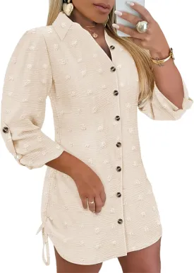 Womens Spring Casual Dress 2025 Swiss Dot Long Sleeve Shirt Dress Casual Button Down Dressy Dress