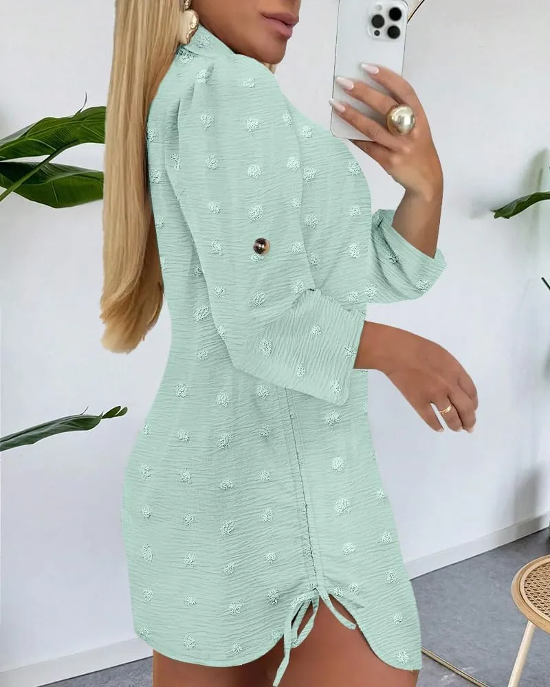 Womens Spring Casual Dress 2025 Swiss Dot Long Sleeve Shirt Dress Casual Button Down Dressy Dress
