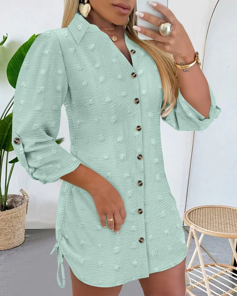 Womens Spring Casual Dress 2025 Swiss Dot Long Sleeve Shirt Dress Casual Button Down Dressy Dress