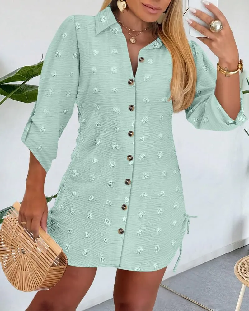 Womens Spring Casual Dress 2025 Swiss Dot Long Sleeve Shirt Dress Casual Button Down Dressy Dress