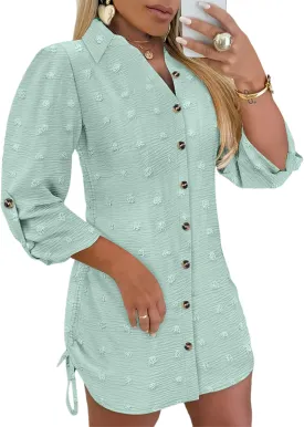 Womens Spring Casual Dress 2025 Swiss Dot Long Sleeve Shirt Dress Casual Button Down Dressy Dress